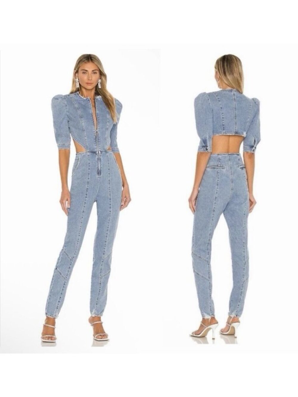Retrofete Kiara Puff Sleeve Cutout Jumpsuit in Light Laguna Denim Jean XS NWT